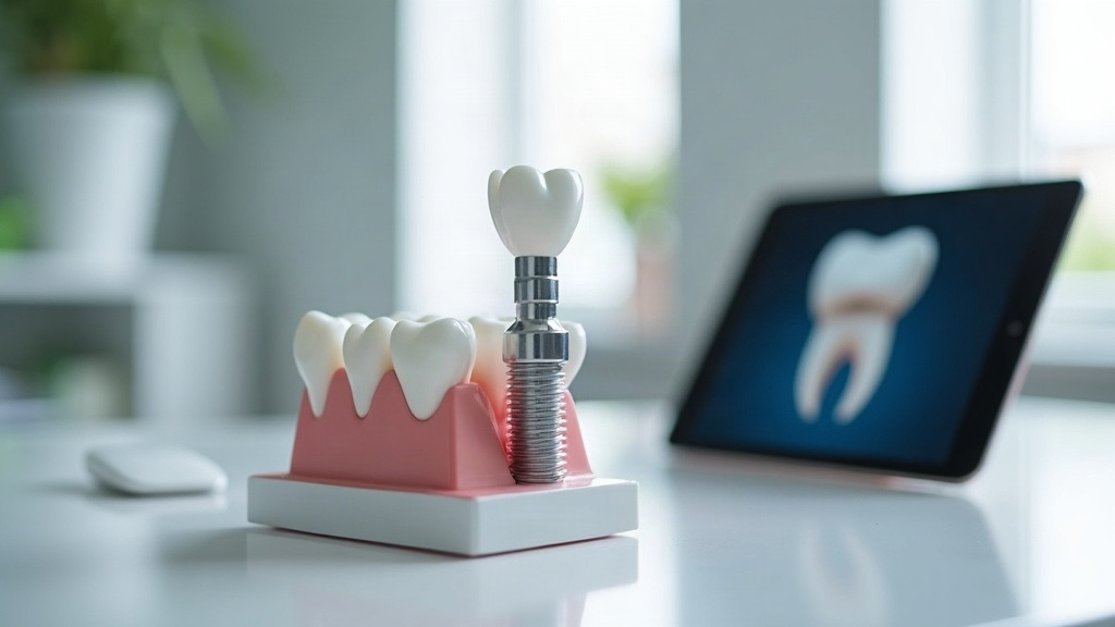 Dental implant model showing post, abutment and crown at a Columbia, SC implant consultation